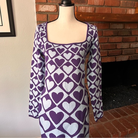NWT FARM Rio x Anthropologie Geo Heart Knit Long Sleeve Midi Sweater Dress Sz L - Picture 4 of 12
